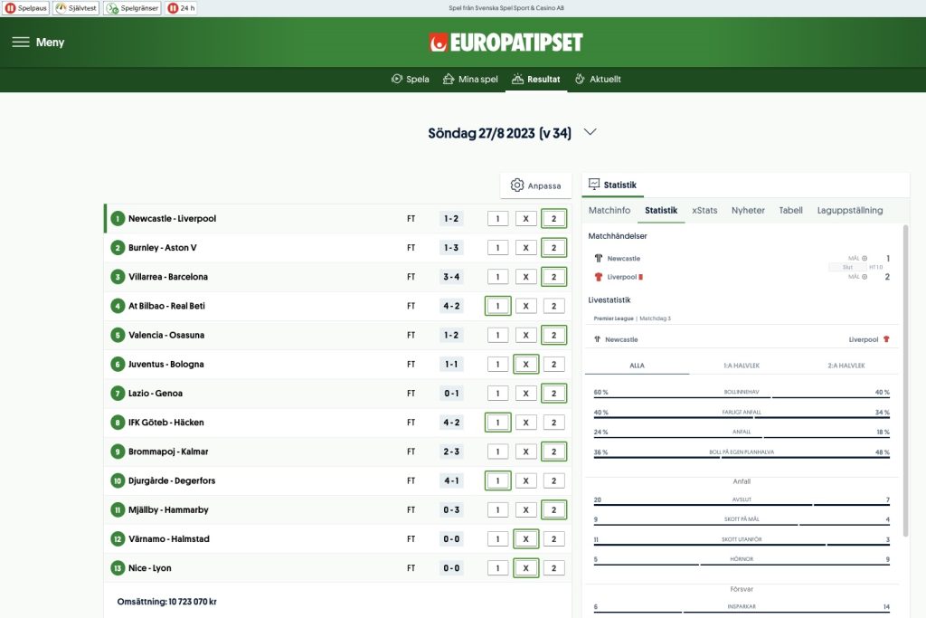 Exempelbild från Svenska Spels Europatips Resultat. Här ser du hur resultatet kan se ut i deras webbläsare.