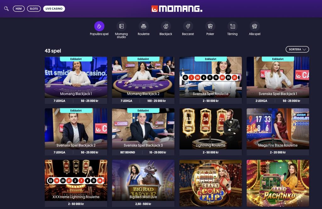 Bild på hur det ser ut i Momang Casinos avdelning för Live Casino